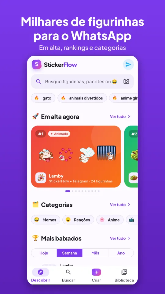Tela inicial do StickerFlow com pacotes em alta e categorias